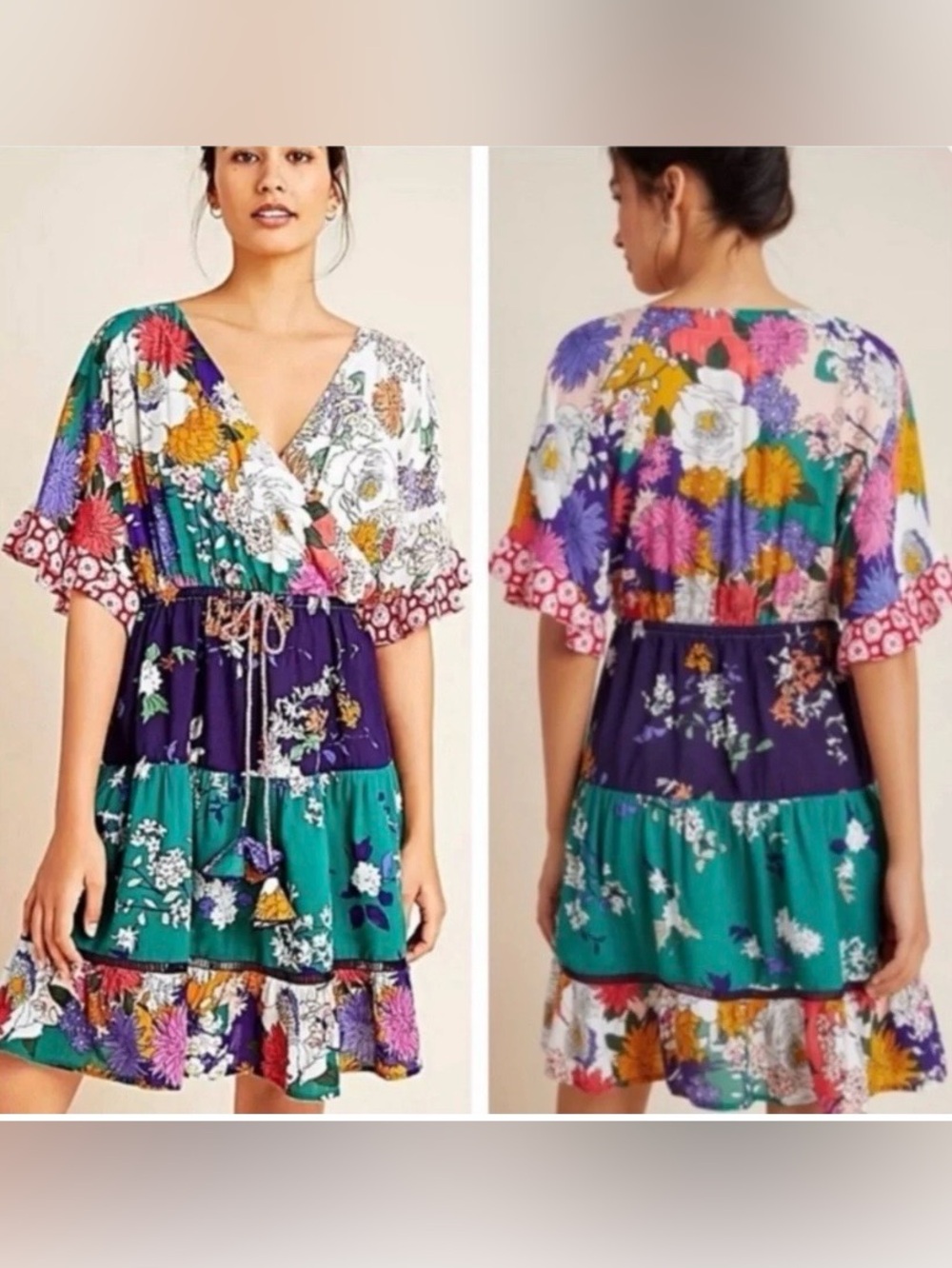 Anthropologie Nettie Tiered Mini Dress Floral Boho